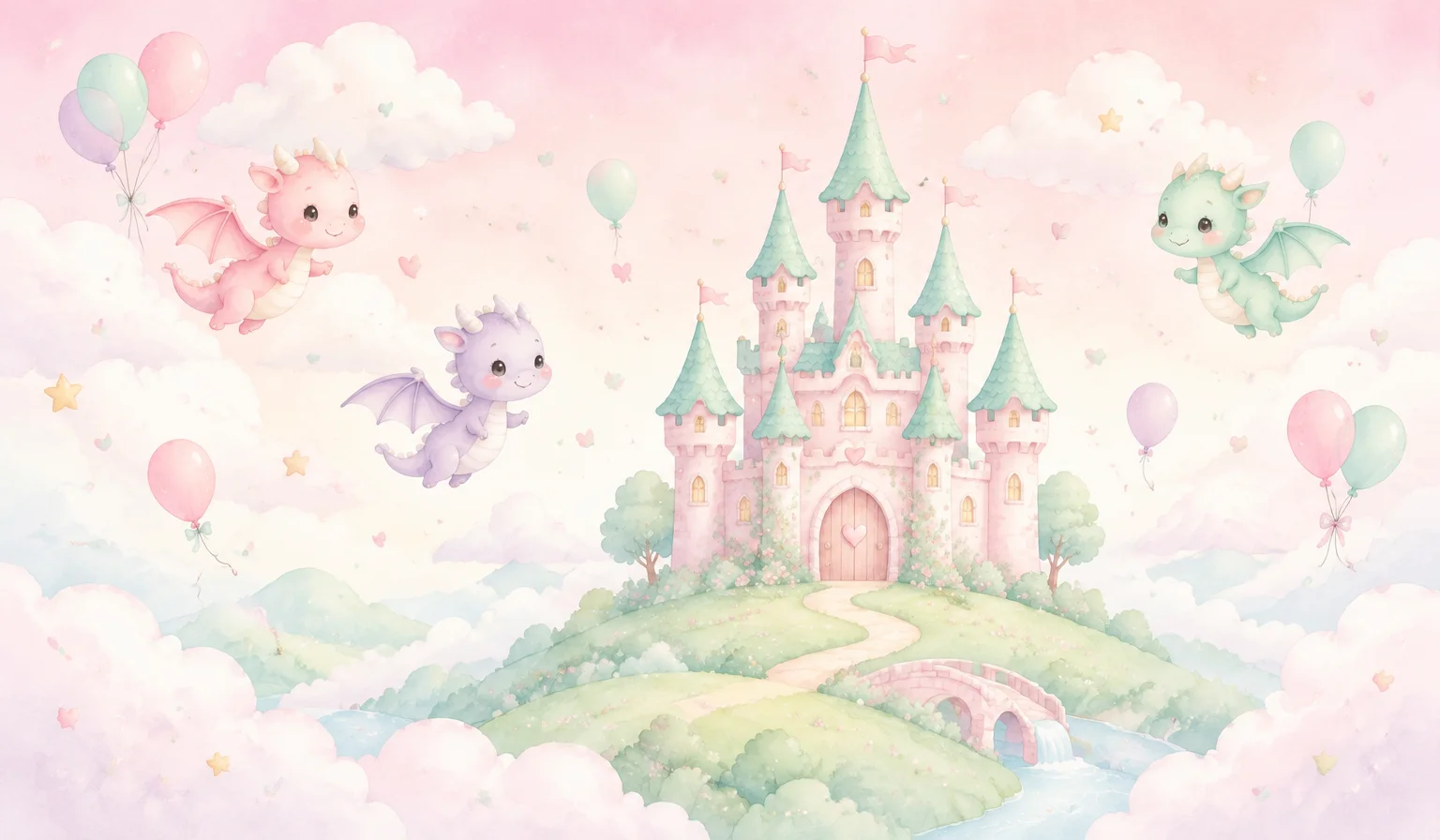 Castelinho rosa entre nuvens, com dragõezinhos fofinhos